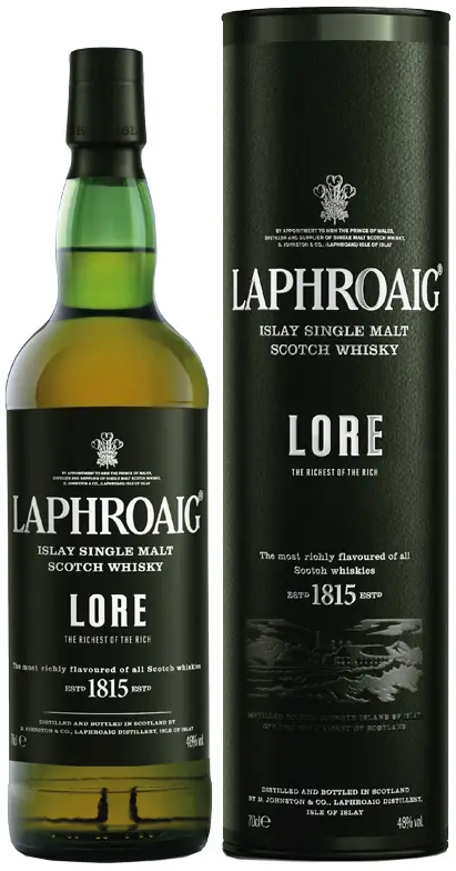 An image of a bottle of Laphroaig Lore Single Malt Islay Scotch Whisky next to its gift tube box