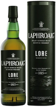 Load image into Gallery viewer, An image of a bottle of Laphroaig Lore Single Malt Islay Scotch Whisky next to its gift tube box