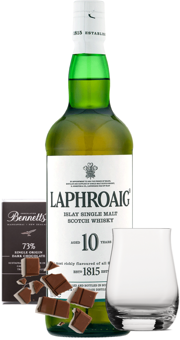 Laphroaig 10 year old Islay Single Malt Scotch Whisky bottle with a glass and chocolate pieces on a white background
