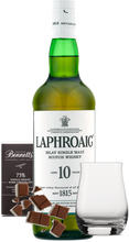 Load image into Gallery viewer, Laphroaig 10 year old Islay Single Malt Scotch Whisky bottle with a glass and chocolate pieces on a white background