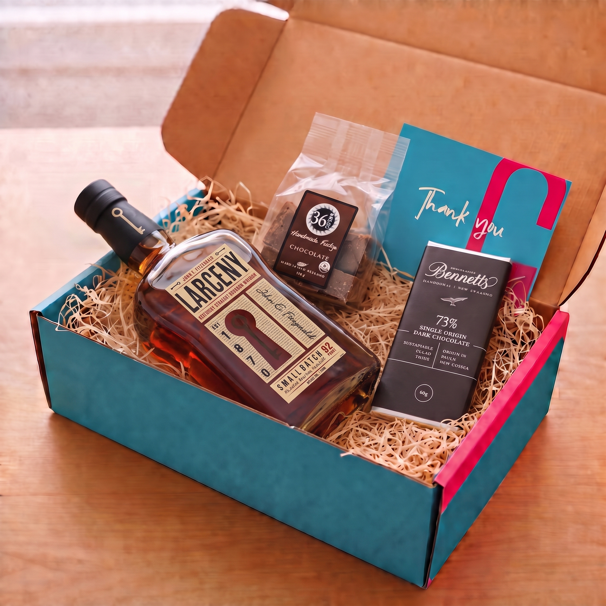 Load image into Gallery viewer, An open teal COVE 27 gift box filled with wood-wool on a wooden surface, containing a bottle of Larceny Kentucky Straight Bourbon Whiskey, a bag of 36 Degrees chocolate fudge, a bar of Bennett's 73% dark chocolate, and a blue thank-you card.