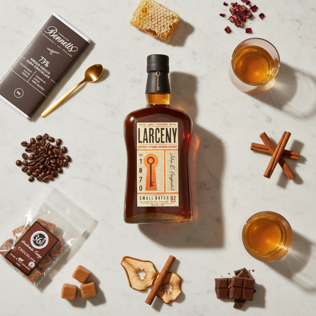 Load image into Gallery viewer, A bottle of Larceny Kentucky Straight Bourbon Whiskey centred in a styled flat-lay with coffee beans, cinnamon sticks, honeycomb, a bag of 36 Degrees chocolate fudge, chocolate fudge pieces, dark chocolate pieces, a glass of bourbon, and a box of Bennett's dark chocolate on a light marble surface.