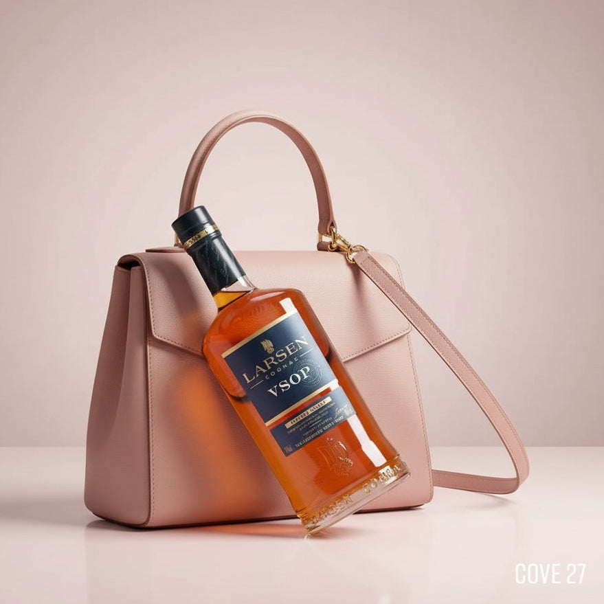 Load image into Gallery viewer, Bottle of Larsen VSOP cognac leaning against a pink handbag on a light pink background.