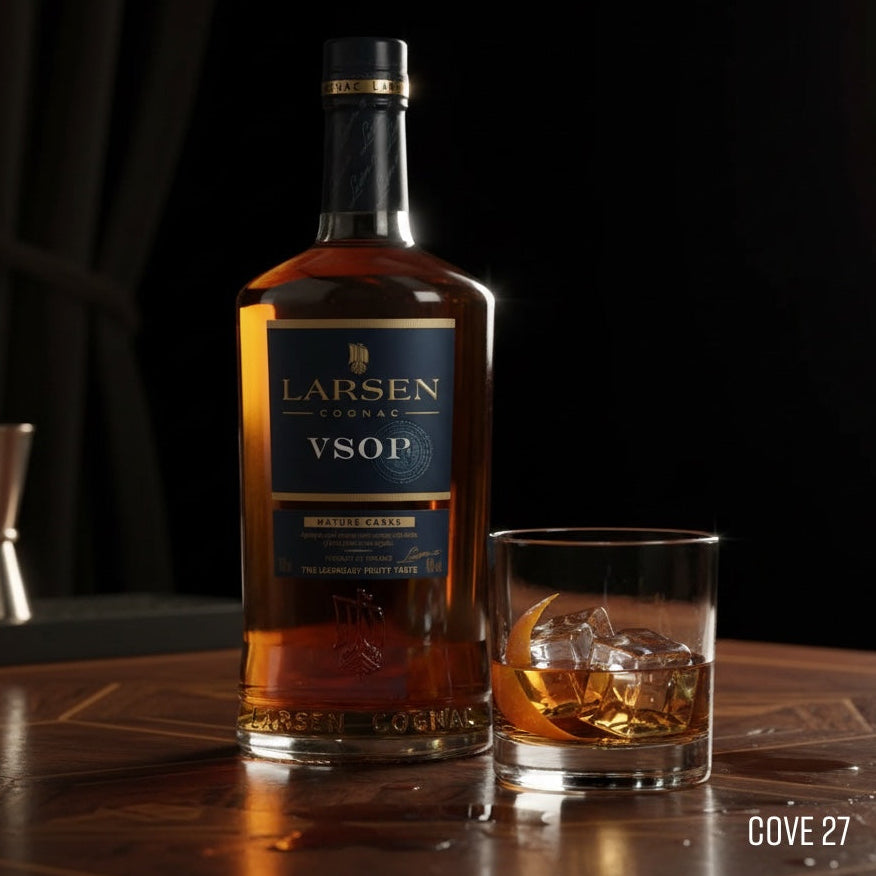 Load image into Gallery viewer, Bottle of Larsen VSOP cognac with a glass of whiskey on a wooden surface.