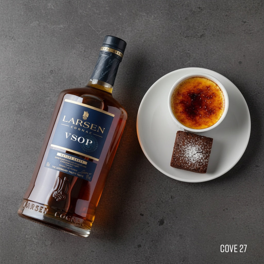 Load image into Gallery viewer, Bottle of Larsen VSOP cognac with a dish of creme bréle and brownie on a gray background