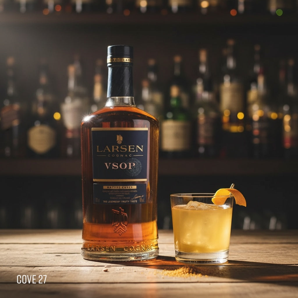 Load image into Gallery viewer, Bottle of LARSEN VSOP COGNAC with a cocktail on a bar counter