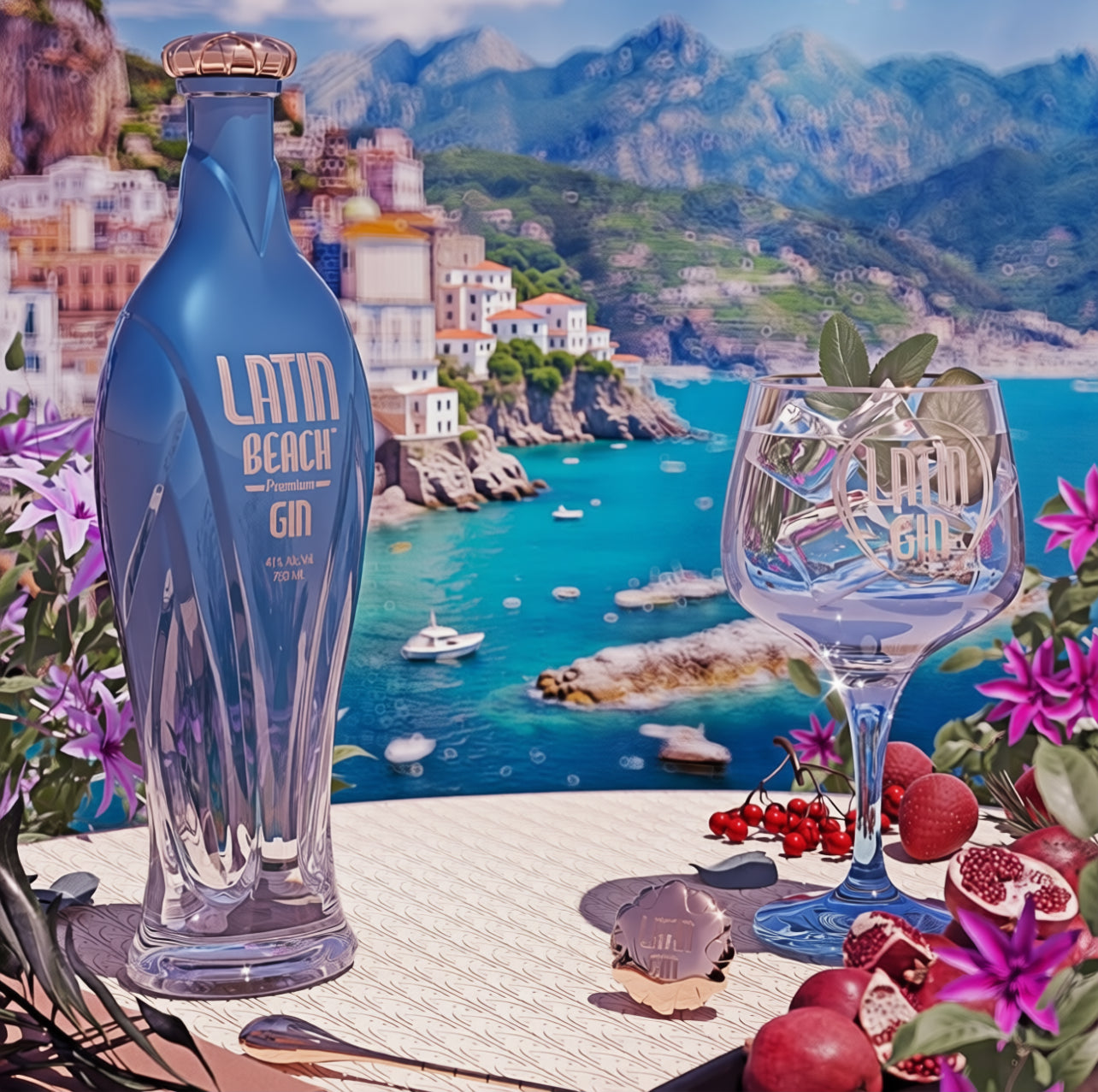 Load image into Gallery viewer, A bottle of Latin Beach Gin and a matching branded coupe glass are arranged on a table in front of a vivid coastal scene with turquoise water, mountains, and buildings. The bottle and glasses are clear with blue-tinted branding, and the setting includes flowers, fruit, and a small shell ornament.