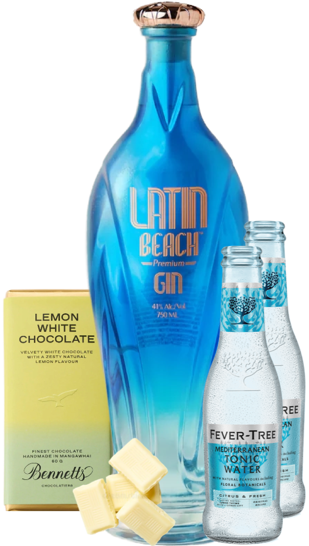 Load image into Gallery viewer, A blue glass bottle of Latin Beach Gin stands centrally on a white background, flanked by two Fever Tree tonic water bottles and a yellow box of Lemon White Chocolate. Cubed milk chocolate pieces are placed in front of the gin bottle.