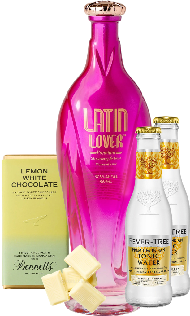 Load image into Gallery viewer, A bottle of Latin Lover Premium Pink Gin next to a box of Bennett's Lemon White Chocolate and two bottles of Fever Tree Premium Indian Tonic Water, arranged on a white background with white chocolate pieces in front.