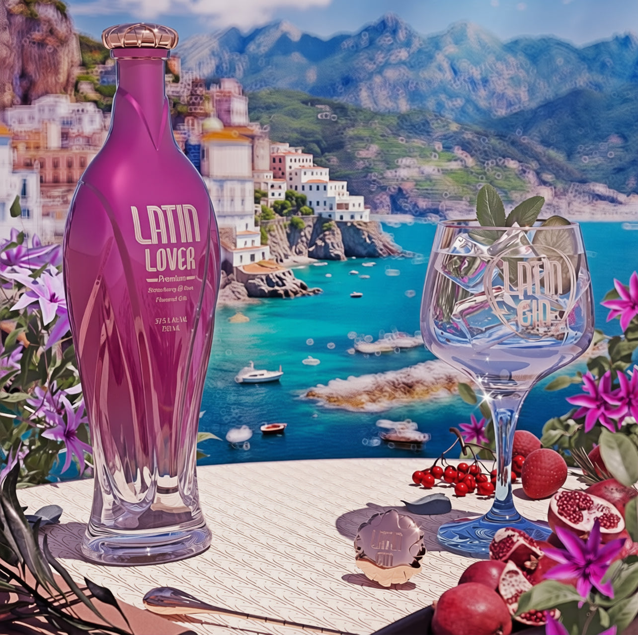 Load image into Gallery viewer, A pink-purple LATIN LOVER pink gin bottle and a clear crystal-style cocktail glass with ice, styled on a table with flowers, pomegranate, and a scenic coastal mural background showing turquoise water, mountains, and white buildings.