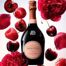 Load image into Gallery viewer, Laurent-Perrier Cuvee Rosé champagne bottle surrounded by red cherries, raspberries, and pink flowers.