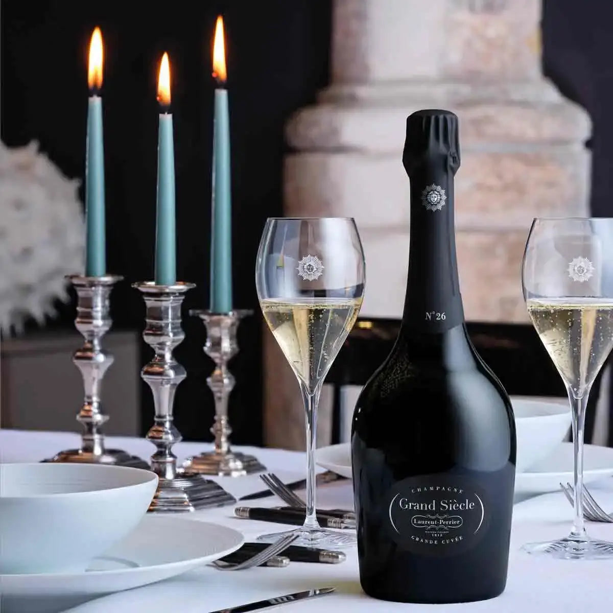 Load image into Gallery viewer, Elegant table setting with champagne bottle and glasses.
