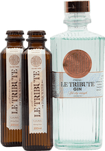 Load image into Gallery viewer, An image of a bottle of Le Tribute Gin next to two bottles of Le Tribute Tonic Waters