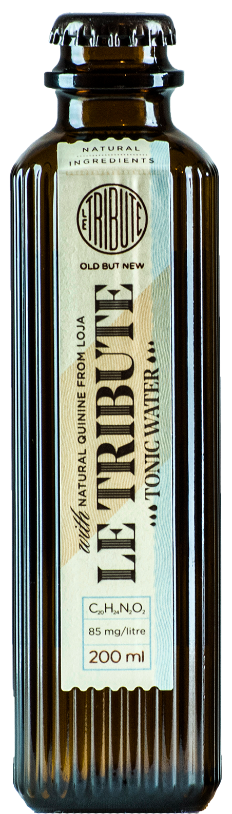 A bottle of Le Tribute Tonic Water with Art Deco design details, containing 200ml of liquid.