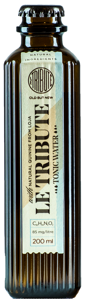 A bottle of Le Tribute Tonic Water with Art Deco design details, containing 200ml of liquid.