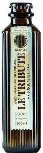 A bottle of Le Tribute Tonic Water with Art Deco design details, containing 200ml of liquid.
