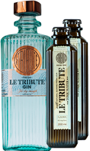 Load image into Gallery viewer, An image of a bottle of Le Tribute Gin next to two bottles of Le Tribute Tonic Waters