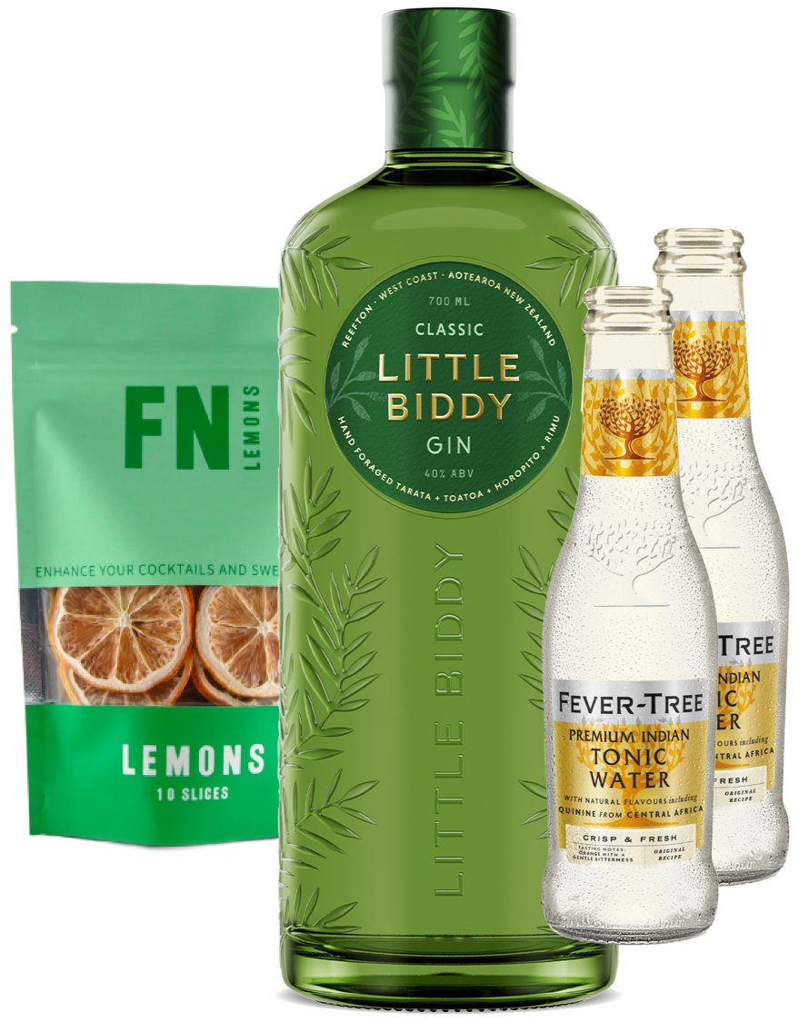 A product image featuring a bottle of Little Biddy Classic Gin, a pouch of handcrafted F N Lemon Slices, and two bottles of Fever-Tree Indian Tonic Water, all packaged in a premium packaging box.