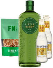 Load image into Gallery viewer, A product image featuring a bottle of Little Biddy Classic Gin, a pouch of handcrafted F N Lemon Slices, and two bottles of Fever-Tree Indian Tonic Water, all packaged in a premium packaging box.
