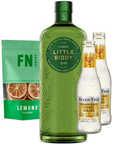 A product image featuring a bottle of Little Biddy Classic Gin, a pouch of handcrafted F N Lemon Slices, and two bottles of Fever-Tree Indian Tonic Water, all packaged in a premium packaging box.