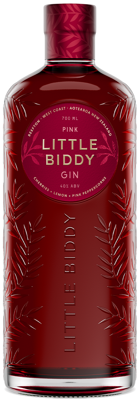 Pink Little Biddy gin bottle with a red label on a white background
