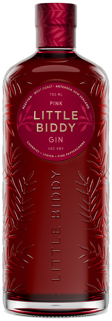 Pink Little Biddy gin bottle with a red label on a white background