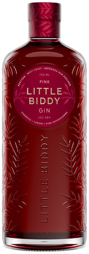 Pink Little Biddy gin bottle with a red label on a white background