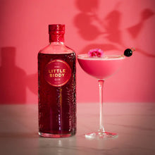 Load image into Gallery viewer, Bottle of Pink Little Biddy Gin next to a pink cocktail with a cherry on a pink background