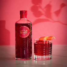 Load image into Gallery viewer, Bottle of Little Biddy Gin with a glass of Negroni cocktail on a pink background