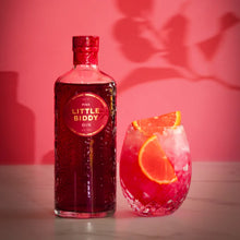 Load image into Gallery viewer, Bottle of Little Biddy Gin next to a cocktail with blood orange slices on a pink background