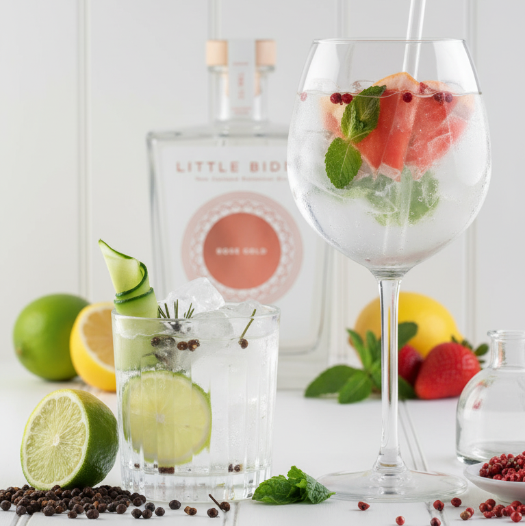 Two glasses of gin and tonic with fruits and herbs, a bottle labeled 'Little Biddy Gin' in the background.