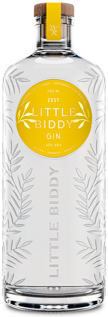 Clear bottle of Little Biddy Zest Gin with a yellow label on a white background