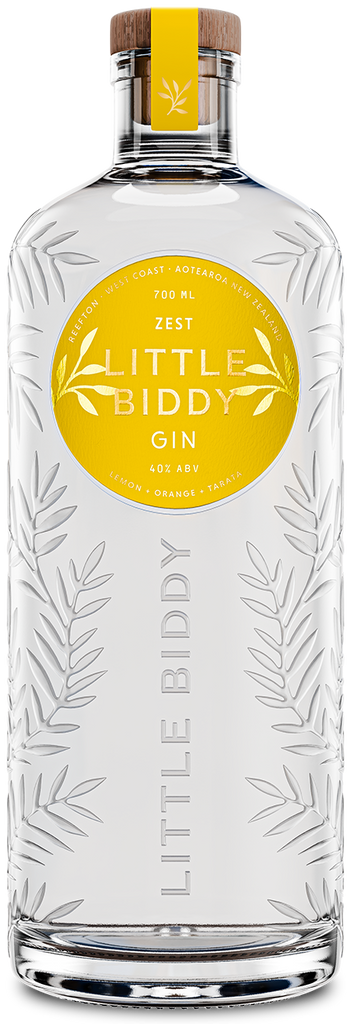 Clear bottle of Little Biddy Zest Gin with a yellow label on a white background