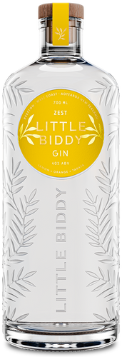 Clear bottle of Little Biddy Zest Gin with a yellow label on a white background