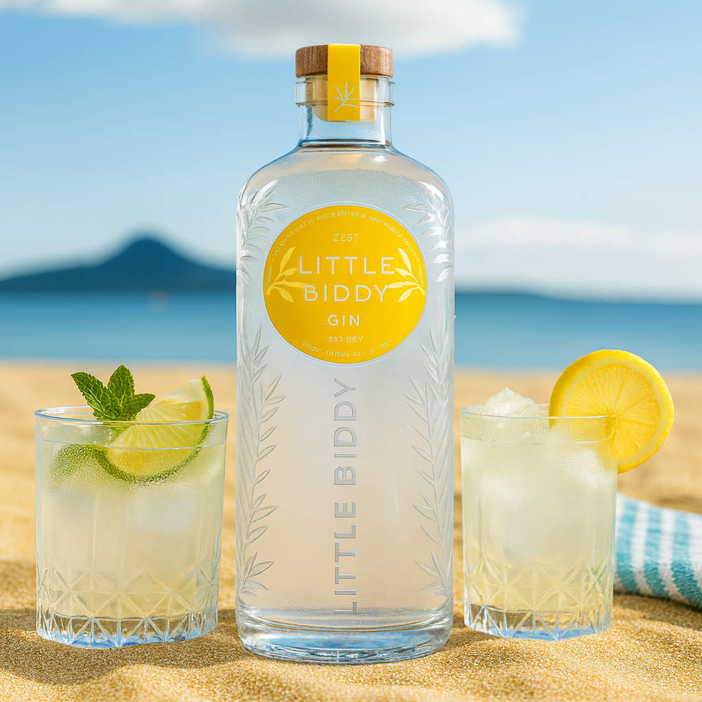 Bottle of Little Biddy Gin with two glasses of gin and tonic on a beach.