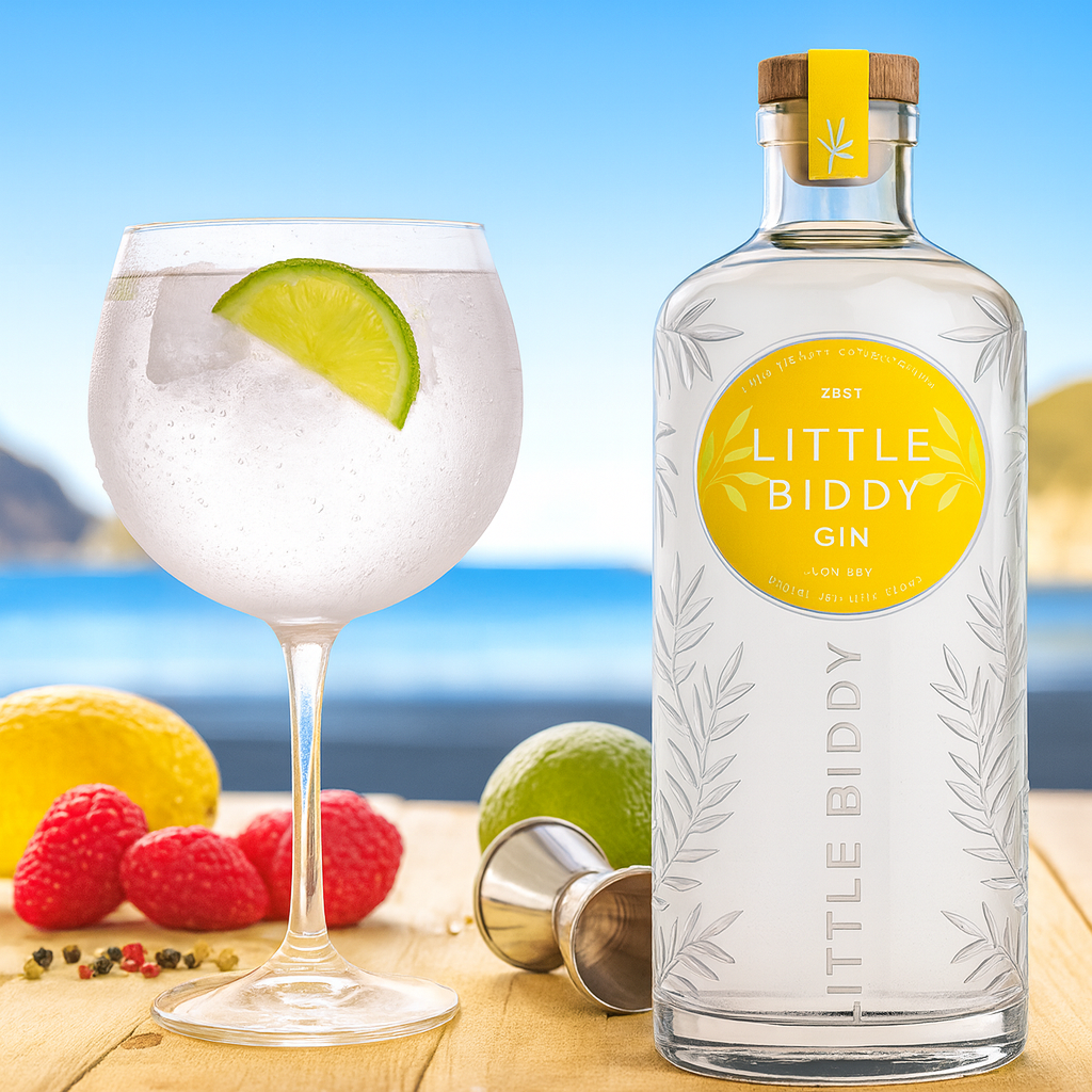Bottle of Little Biddy Gin with a glass of gin and tonic on a wooden surface with a scenic background.