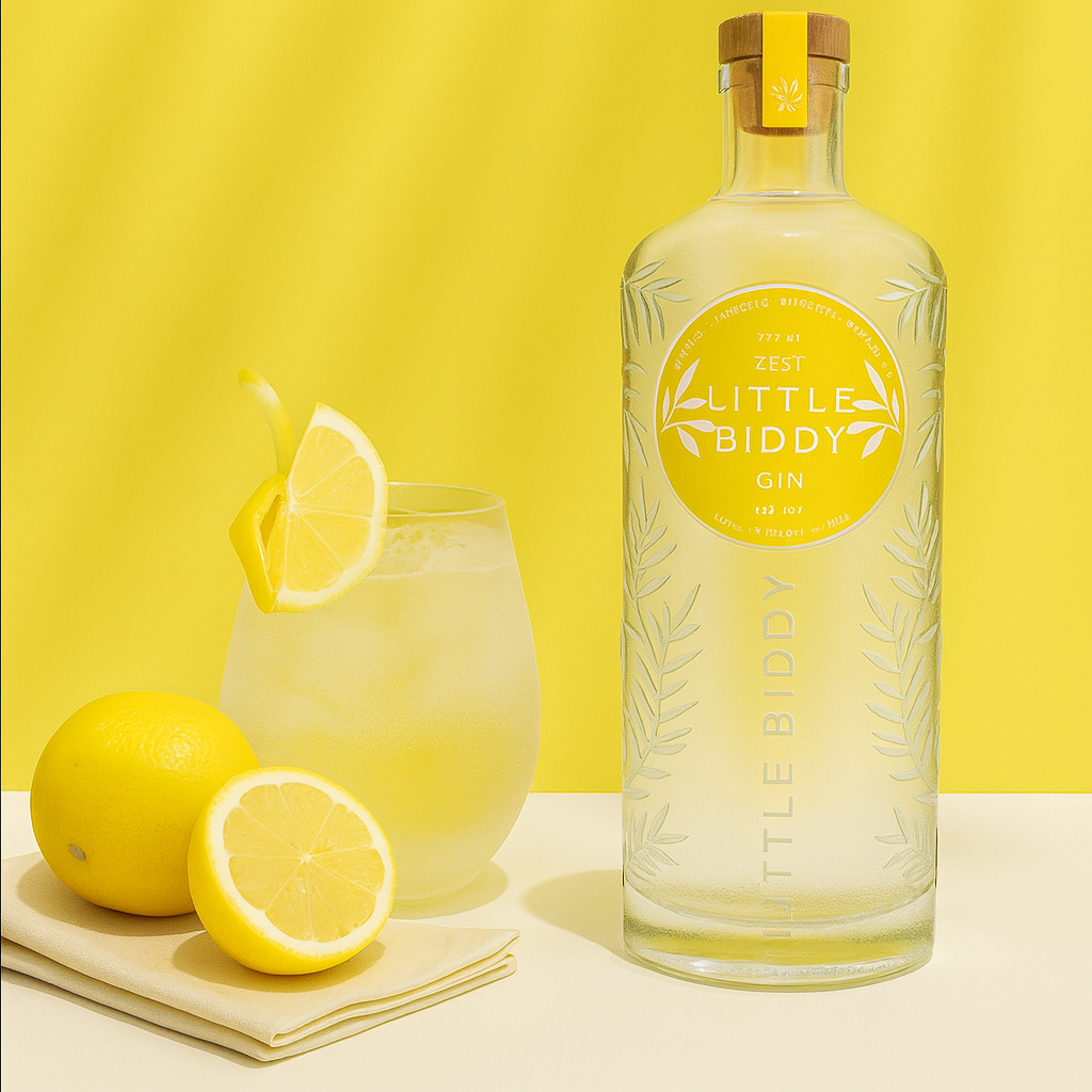 Load image into Gallery viewer, Bottle of Little Biddy Gin with a glass of lemonade and lemons on a yellow background
