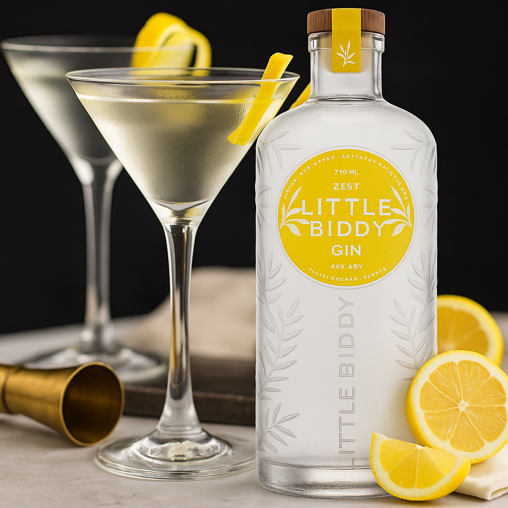 Bottle of Little Biddy Gin with a cocktail and lemon slices on a wooden surface.