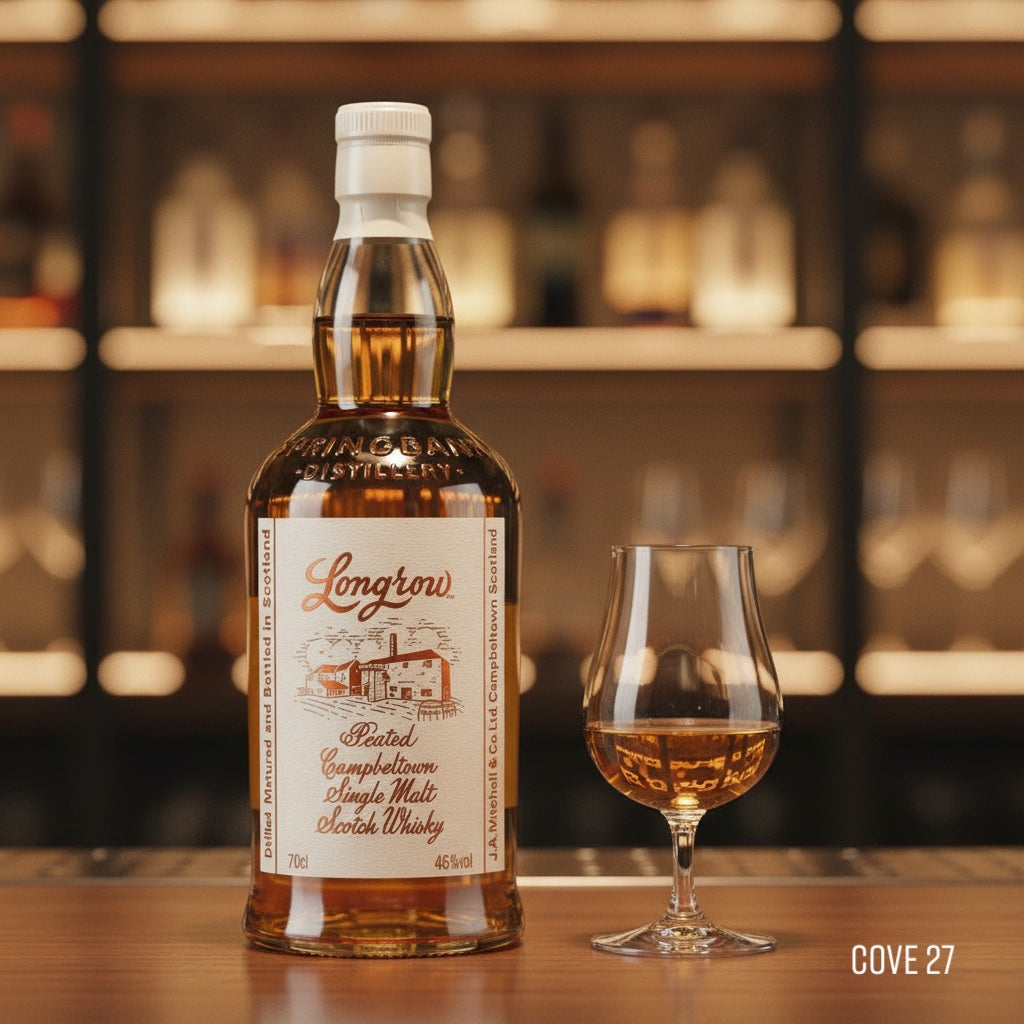 Load image into Gallery viewer, Longrow Peated Single Malt Scotch Whisky bottle with a glass on a bar shelf background