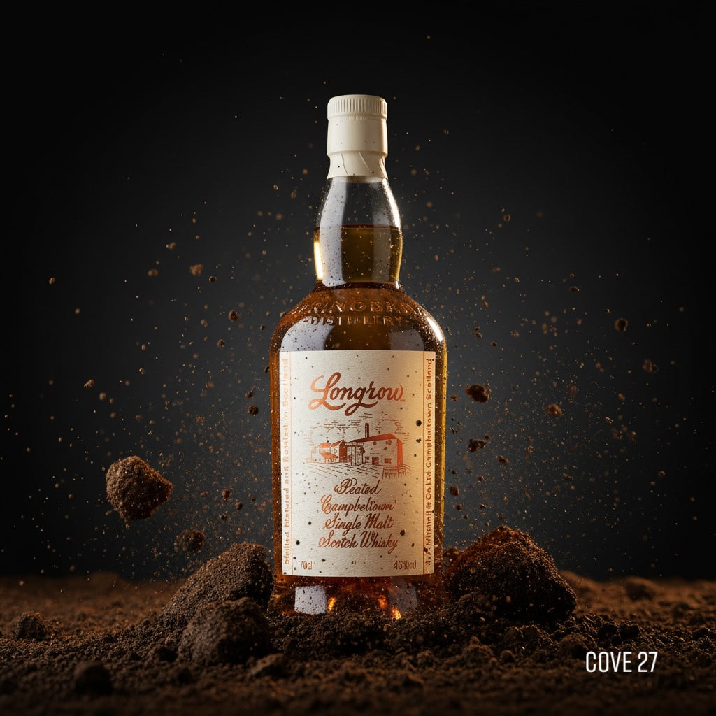 Load image into Gallery viewer, Bottle of Longrow Peated Single Malt Scotch Whisky surrounded by PEAT and peat dust on a dark background