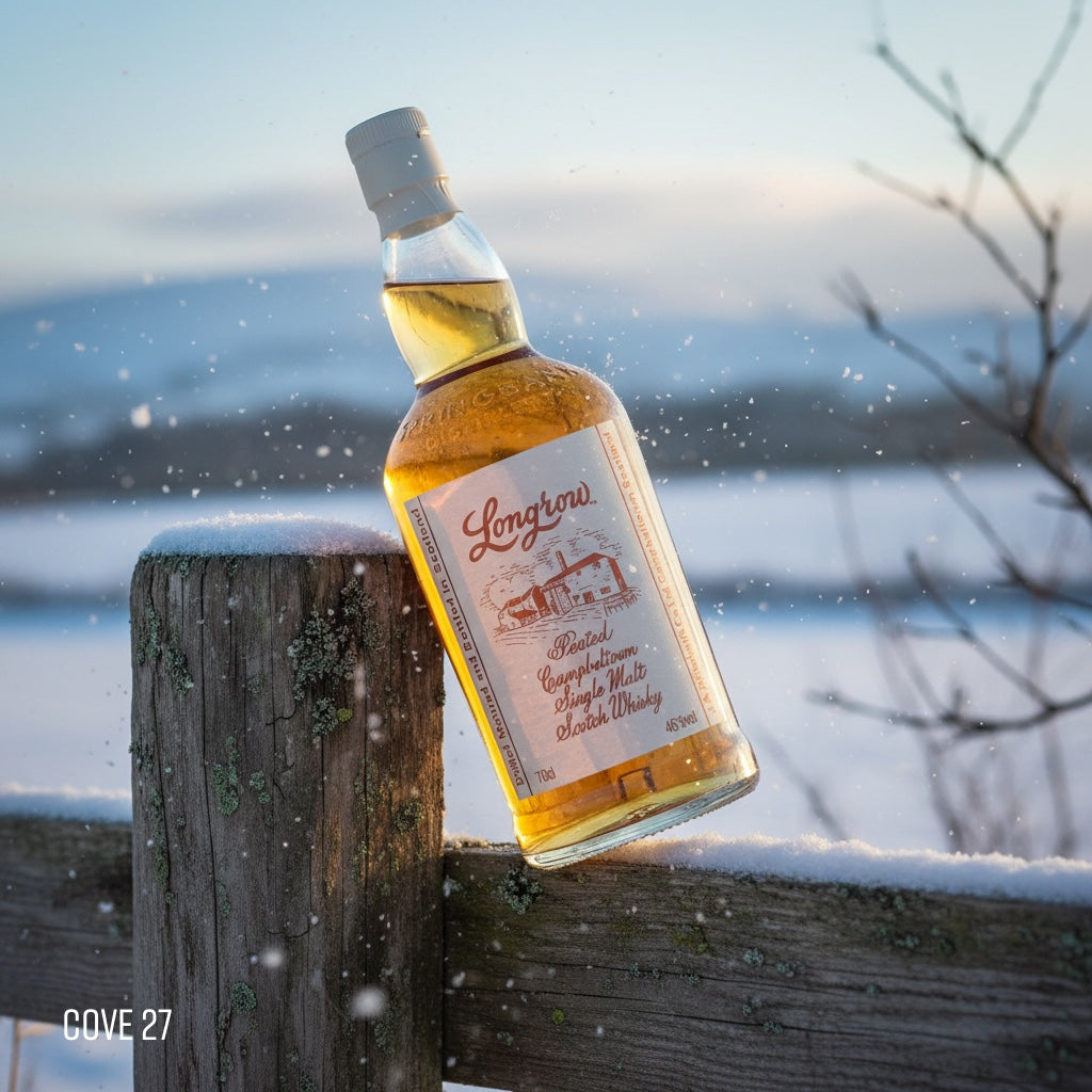 Load image into Gallery viewer, Longrow Peated Single Malt Scotch Whisky bottle on a wooden post with a snowy landscape in the background