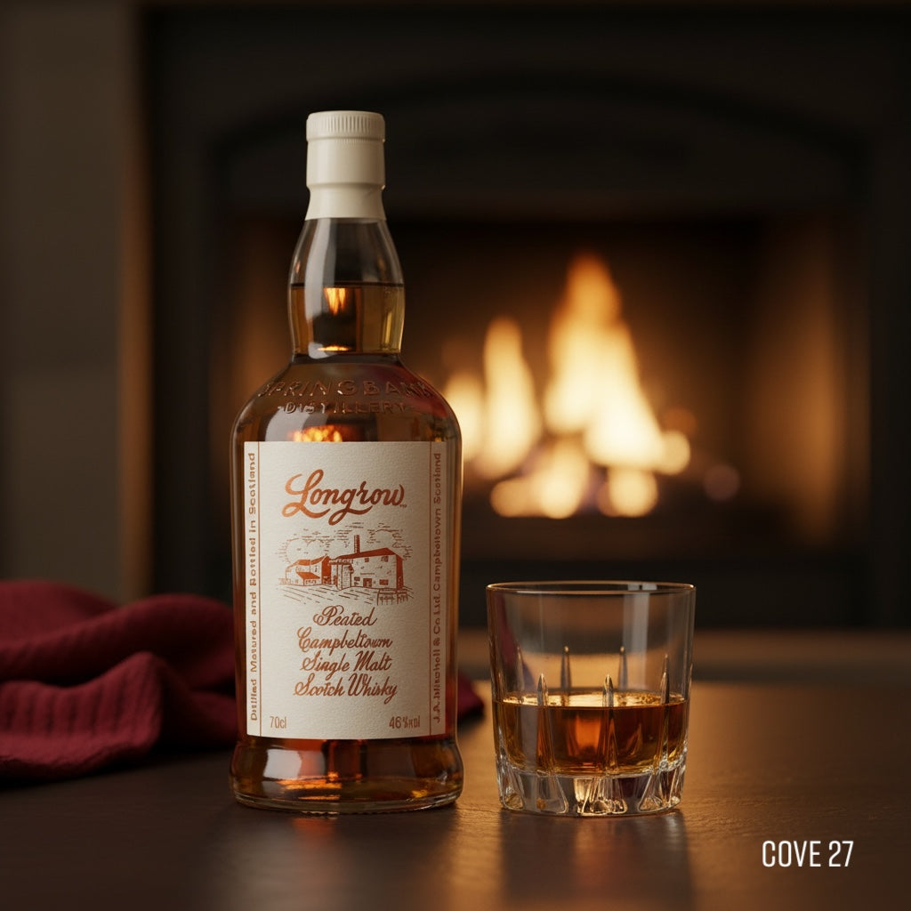 Load image into Gallery viewer, Longrow Peated Single Malt Scotch Whisky bottle and glass in front of a fireplace