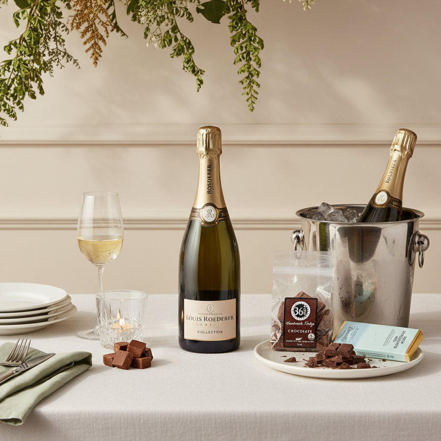 Load image into Gallery viewer, Bottle of Louis Roederer Collection champagne, a glass, and chocolate truffles on a table with a decorative background.