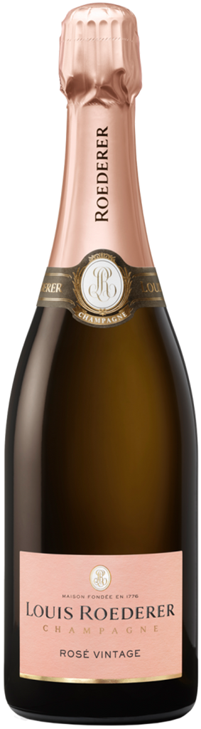 Bottle of Louis Roederer ROSÉ champagne with a rose gold cap and label.