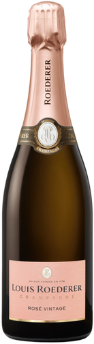 Bottle of Louis Roederer ROSÉ champagne with a rose gold cap and label.