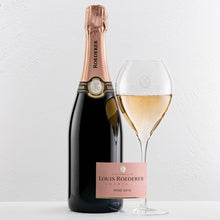 Load image into Gallery viewer, Louis Roederer rosé champagne bottle and glass on a light background