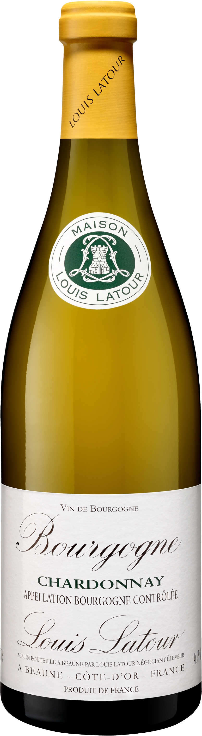 Bottle of Louis Latour Bourgogne Chardonnay wine with a gold foil cap.