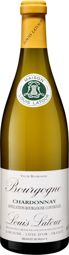 Bottle of Louis Latour Bourgogne Chardonnay wine with a gold foil cap.