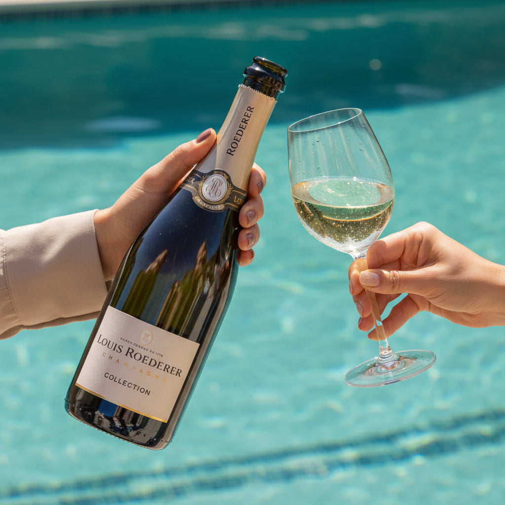Load image into Gallery viewer, Person holding a bottle of Louis Roederer Collection Champagne and a glass half-filled of Louis Roederer champagne by a pool.