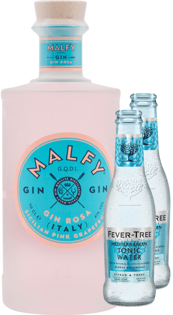 An image of a Malfy Rosa Gin Gift Box with two Fever-Tree Mediterranean tonic waters